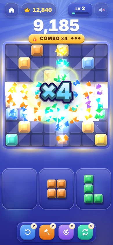 Cubely: four lines clearing at once in a burst of gem shards