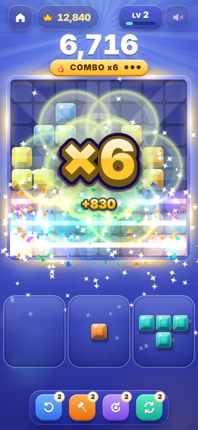 Cubely: three rows clearing on a big combo